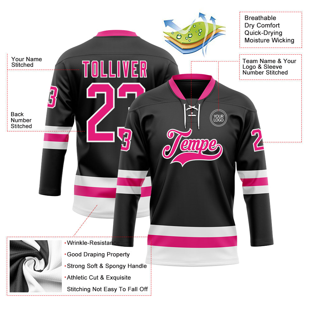 Custom Black Hot Pink-White Hockey Lace Neck Jersey T-Shirts, Hoodie, Sweatshirt | WearSparks.com (Image 3)