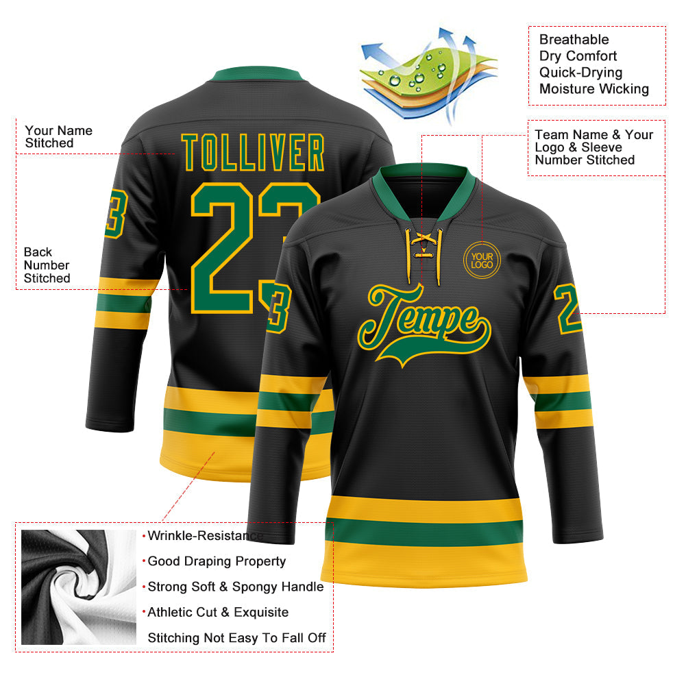 Custom Black Kelly Green-Gold Hockey Lace Neck Jersey T-Shirts, Hoodie, Sweatshirt | WearSparks.com (Image 3)