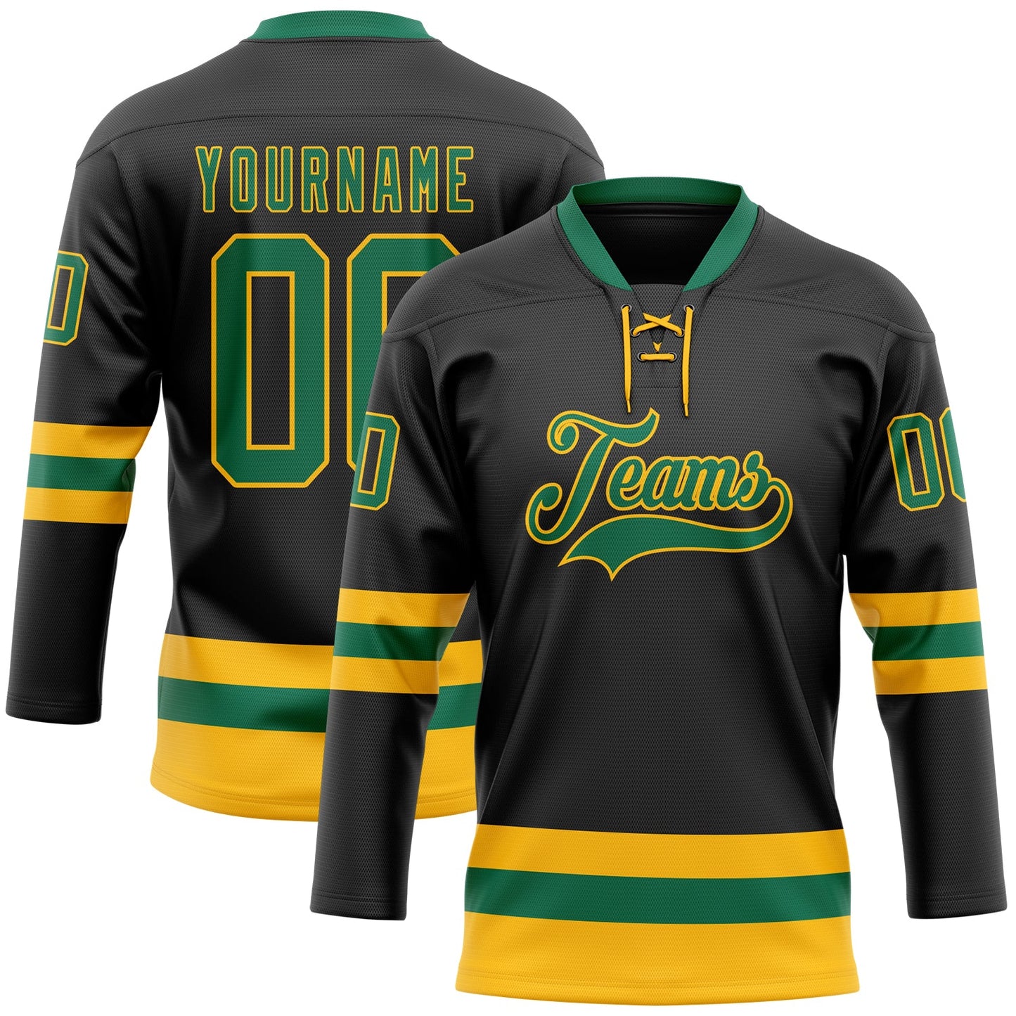Custom Black Kelly Green-Gold Hockey Lace Neck Jersey T-Shirts, Hoodie, Sweatshirt | WearSparks.com (Image 1)