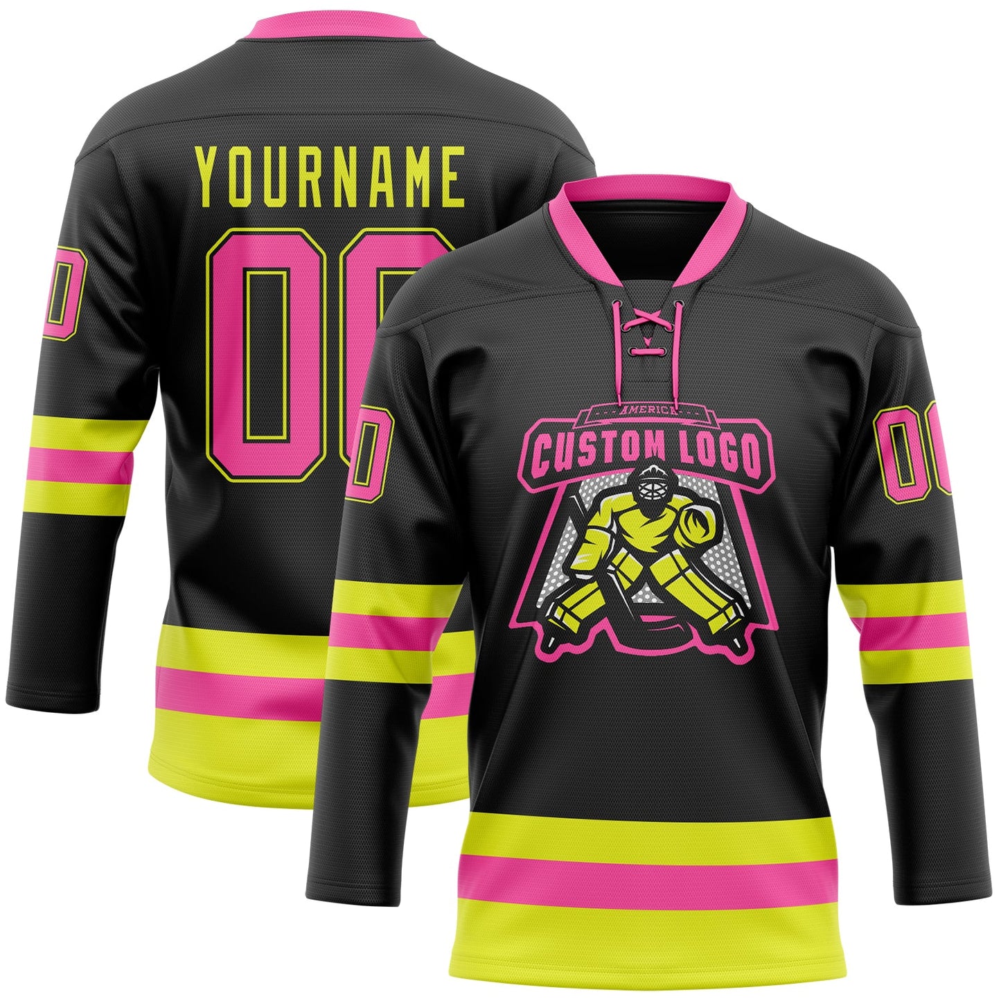 Custom Black Pink-Neon Yellow Hockey Lace Neck Jersey T-Shirts, Hoodie, Sweatshirt | WearSparks.com (Image 2)