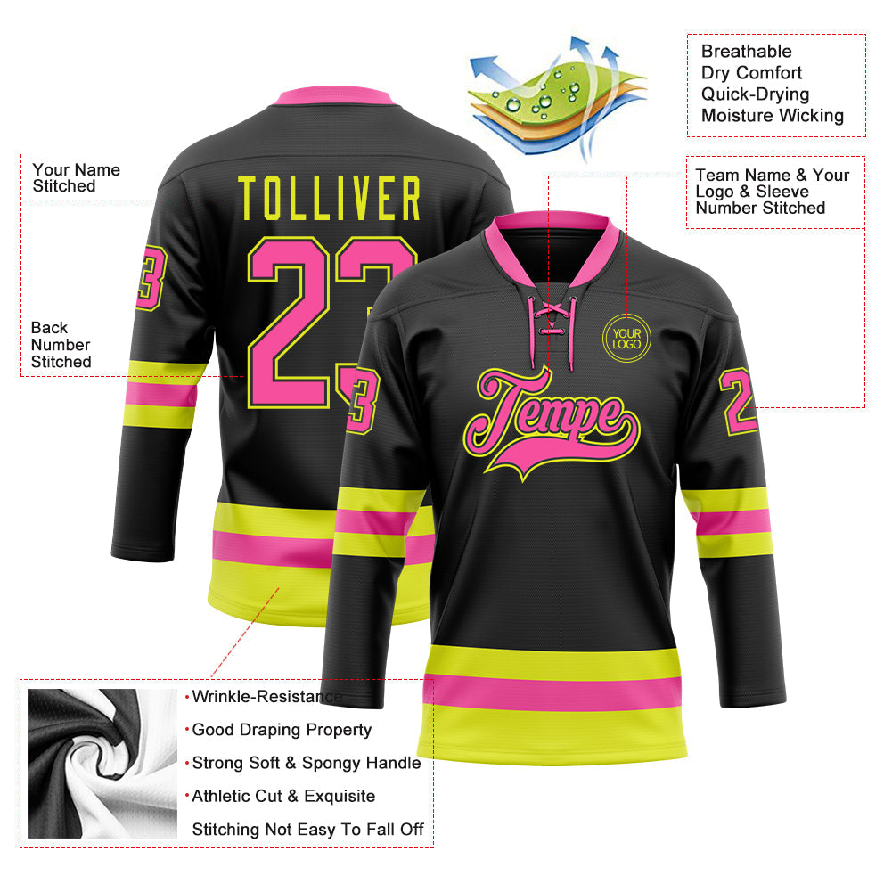 Custom Black Pink-Neon Yellow Hockey Lace Neck Jersey T-Shirts, Hoodie, Sweatshirt | WearSparks.com (Image 3)