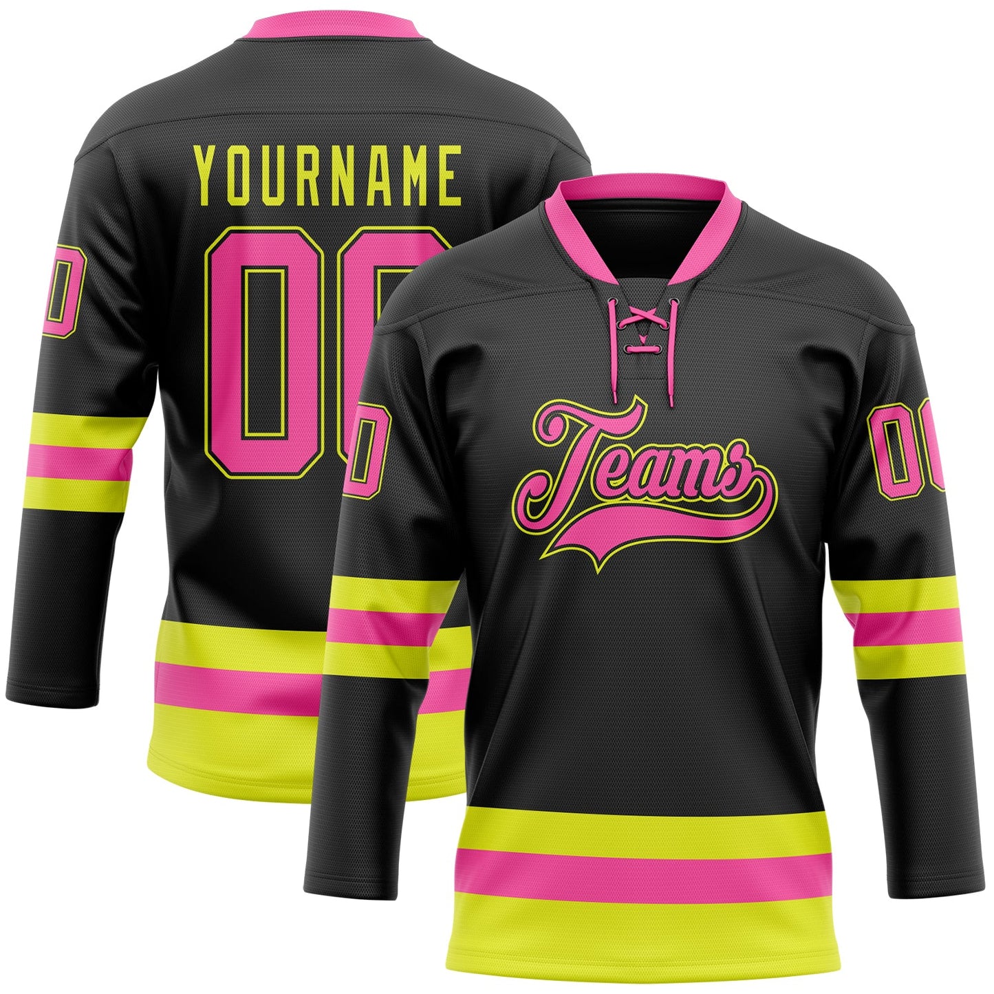 Custom Black Pink-Neon Yellow Hockey Lace Neck Jersey T-Shirts, Hoodie, Sweatshirt | WearSparks.com (Image 1)