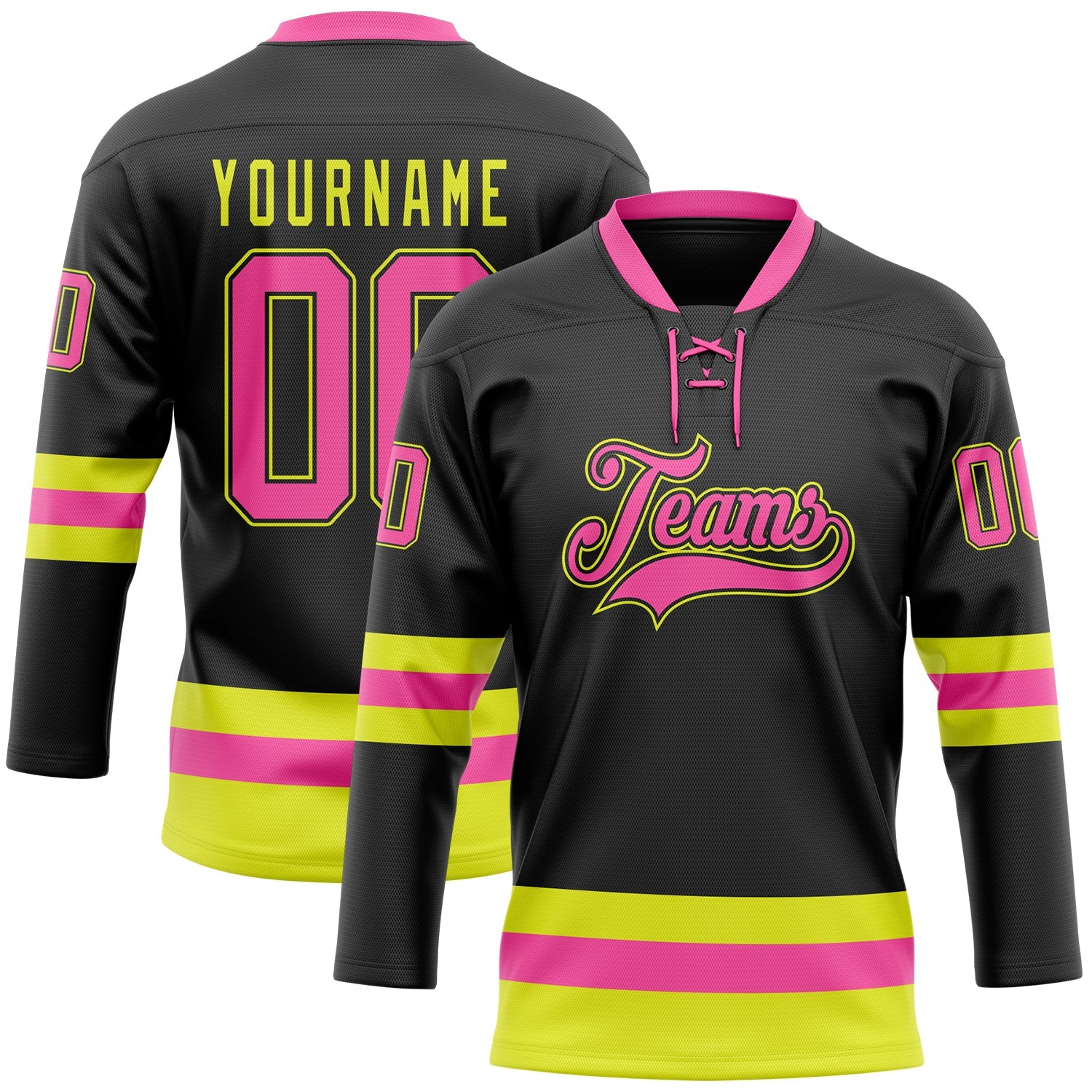 Custom Black Pink-Neon Yellow Hockey Lace Neck Jersey T-Shirts, Hoodie, Sweatshirt | WearSparks.com (Image 1)