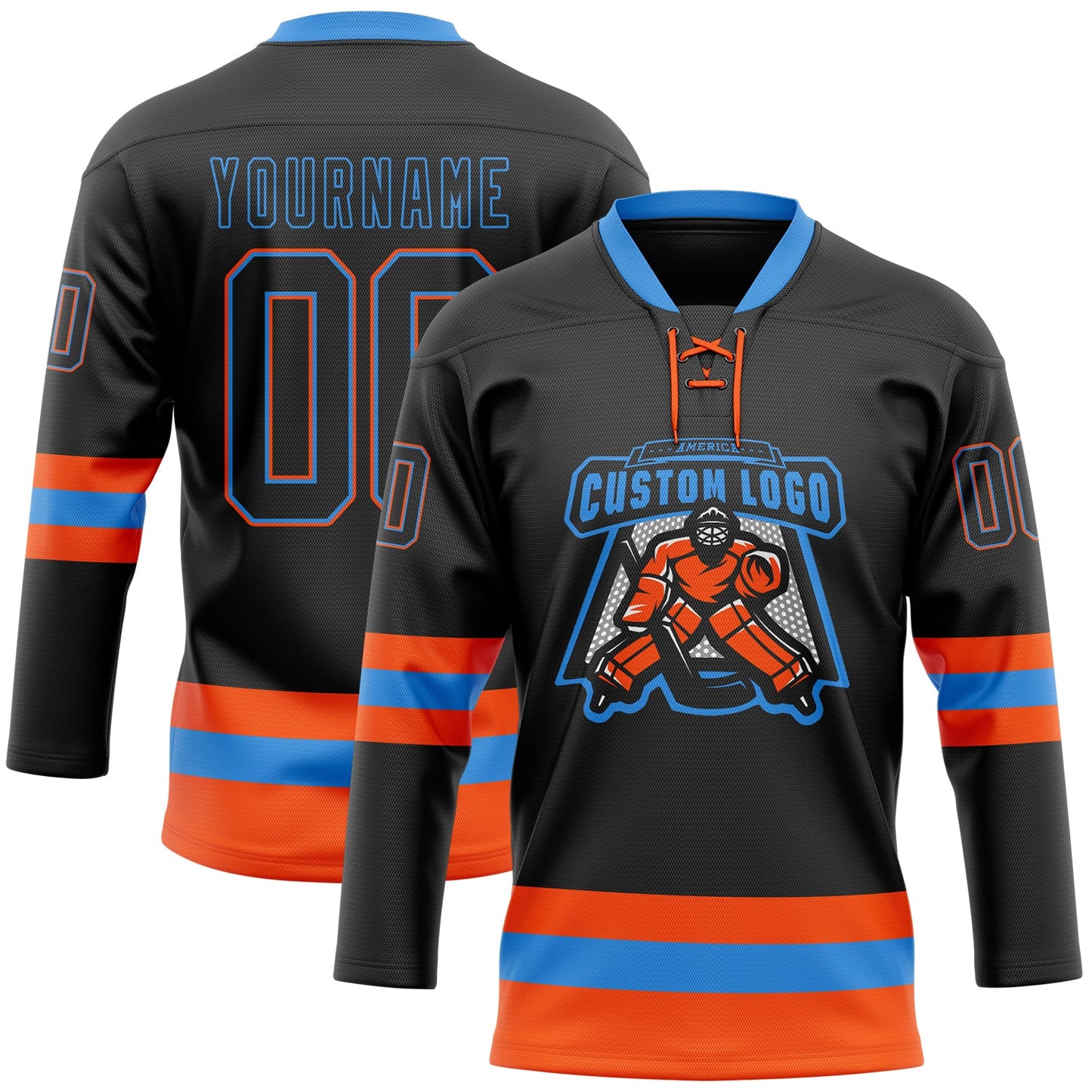 Custom Black Powder Blue-Orange Hockey Lace Neck Jersey T-Shirts, Hoodie, Sweatshirt | WearSparks.com (Image 2)