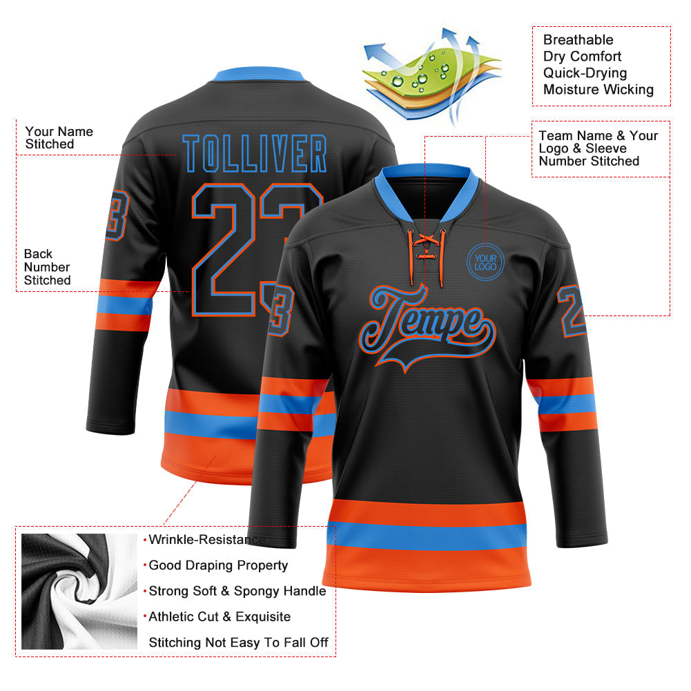 Custom Black Powder Blue-Orange Hockey Lace Neck Jersey T-Shirts, Hoodie, Sweatshirt | WearSparks.com (Image 3)