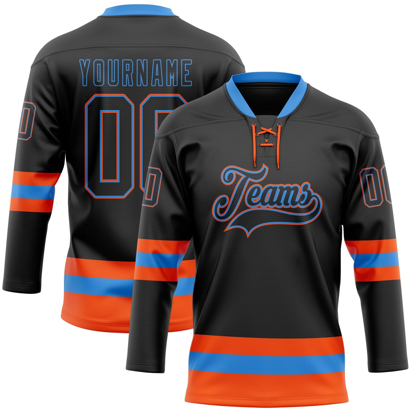 Custom Black Powder Blue-Orange Hockey Lace Neck Jersey T-Shirts, Hoodie, Sweatshirt | WearSparks.com (Image 1)