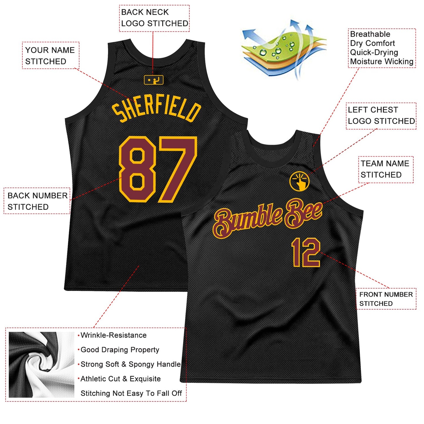 Custom Black Burgundy-Gold Authentic Throwback Basketball Jersey T-Shirts, Hoodie, Sweatshirt | WearSparks.com (Image 2)