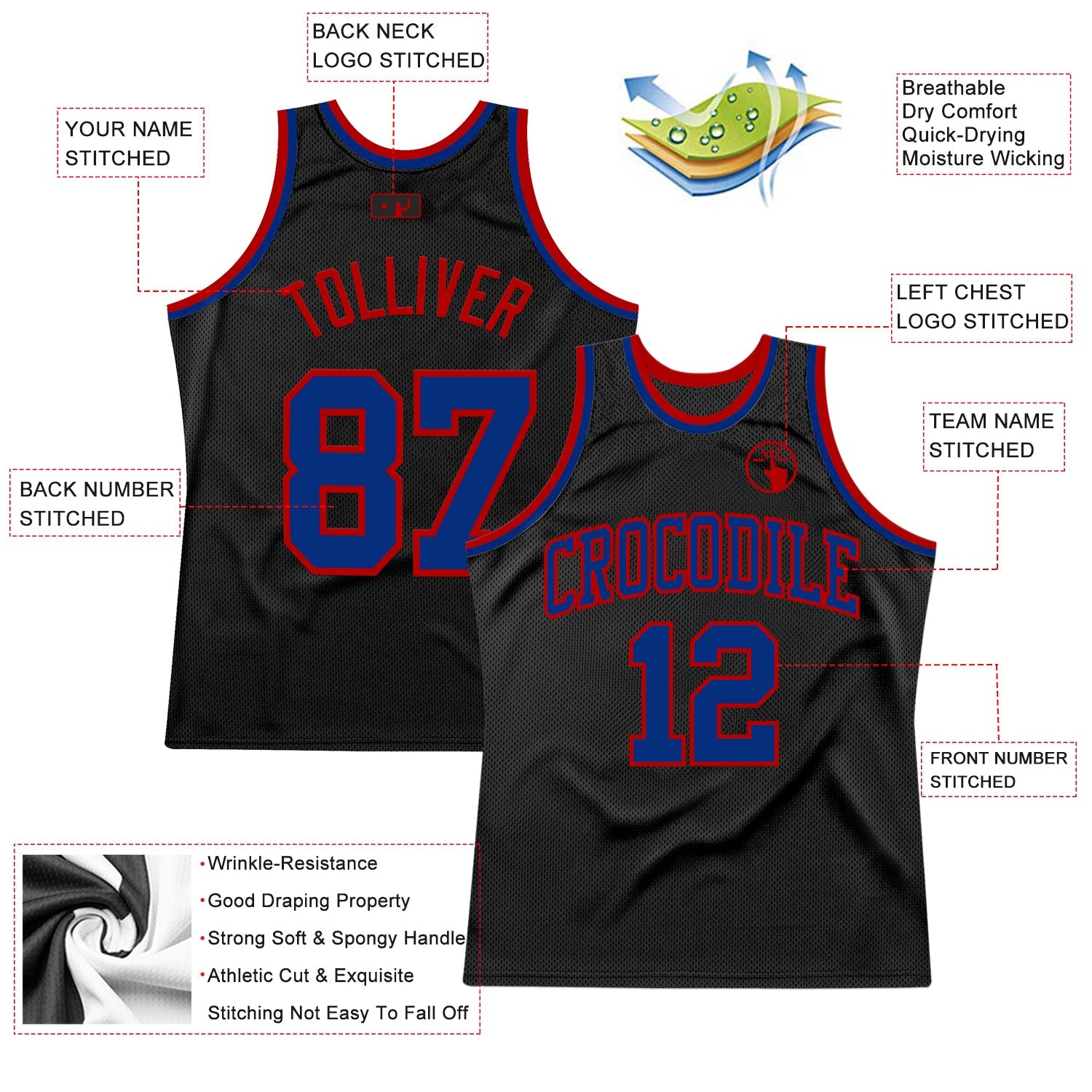 Custom Black Royal-Red Authentic Throwback Basketball Jersey T-Shirts, Hoodie, Sweatshirt | WearSparks.com (Image 2)
