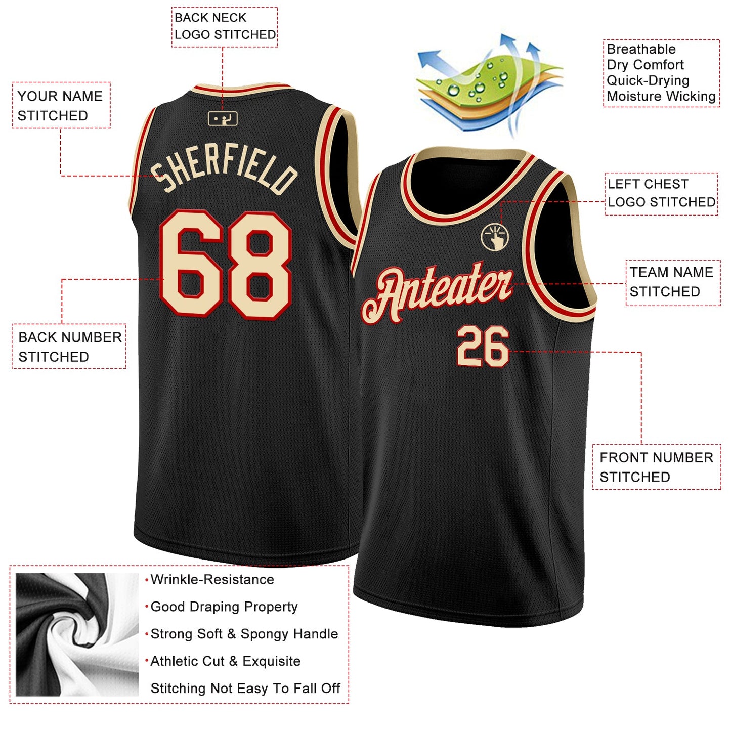 Custom Black Cream-Red Authentic Basketball Jersey T-Shirts, Hoodie, Sweatshirt | WearSparks.com (Image 2)