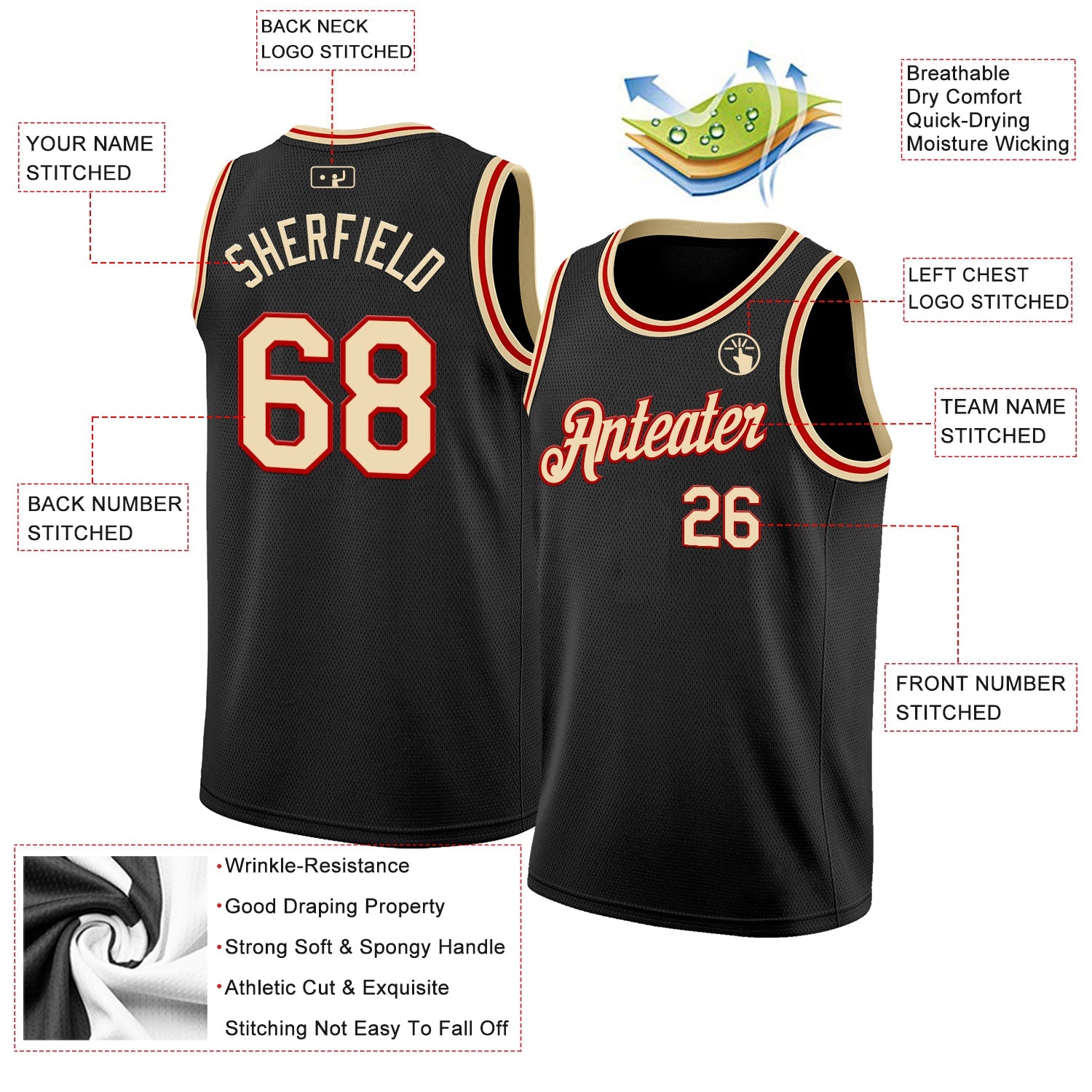 Custom Black Cream-Red Authentic Basketball Jersey T-Shirts, Hoodie, Sweatshirt | WearSparks.com (Image 2)