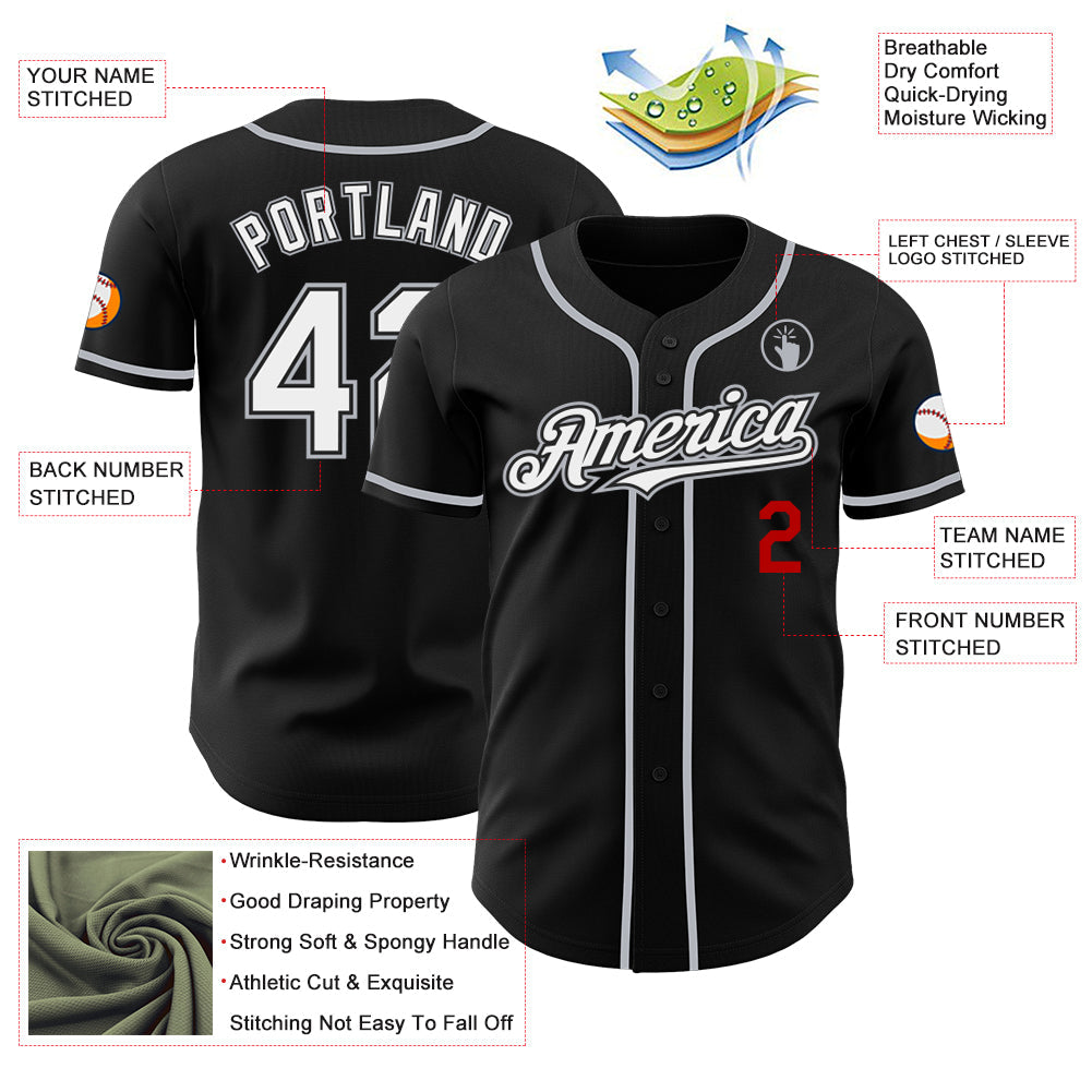 Custom Black White Gray-Red Authentic Baseball Jersey