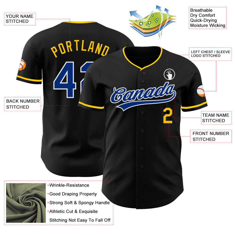 Custom Black Royal Yellow-White Authentic Baseball Jersey