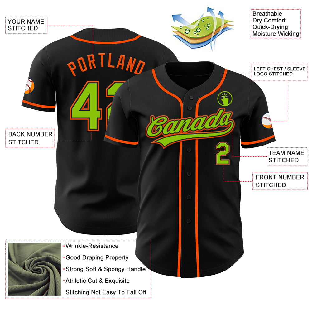 Custom Black Neon Green-Orange Authentic Baseball Jersey