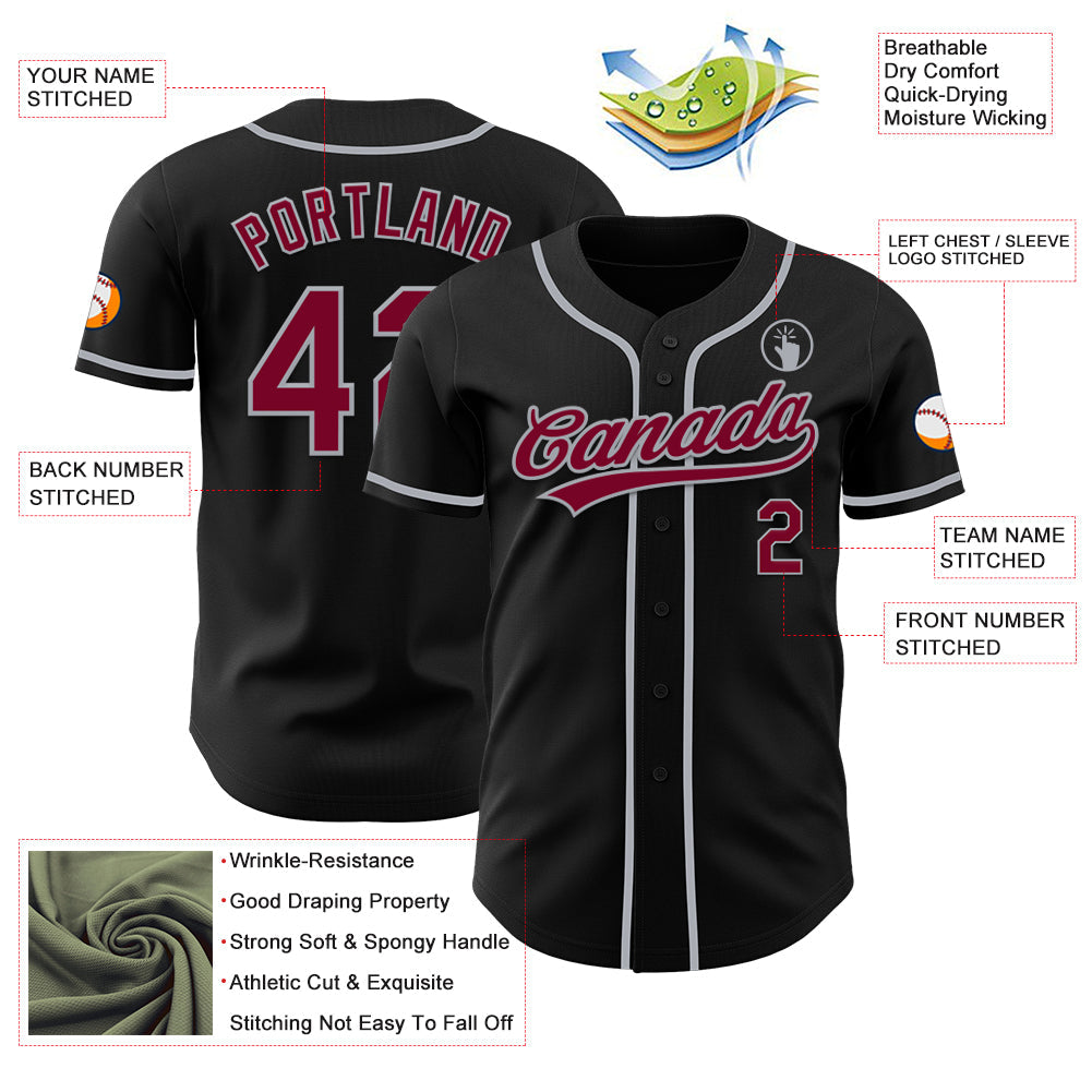 Custom Black Maroon-Gray Authentic Baseball Jersey