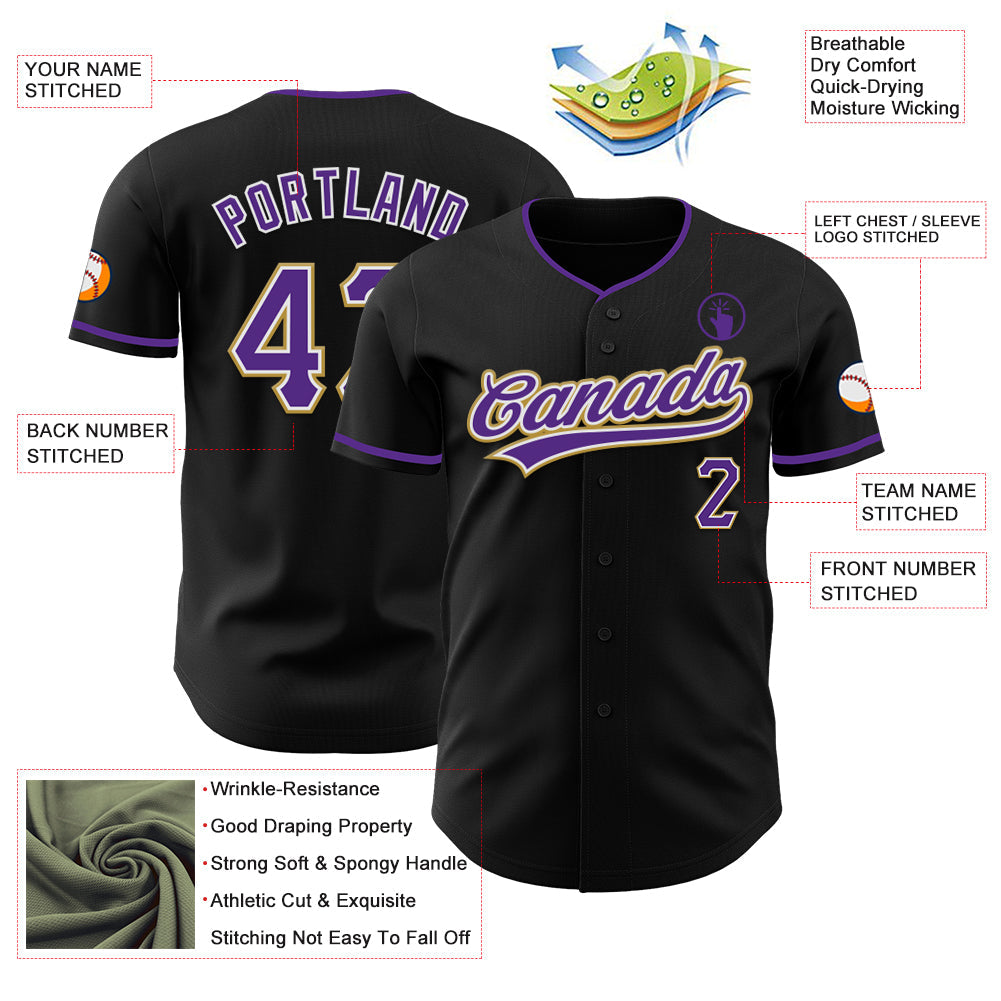Custom Black Purple White-Old Gold Authentic Baseball Jersey
