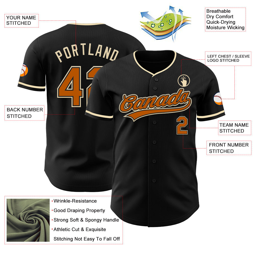 Custom Black Texas Orange-Cream Authentic Baseball Jersey