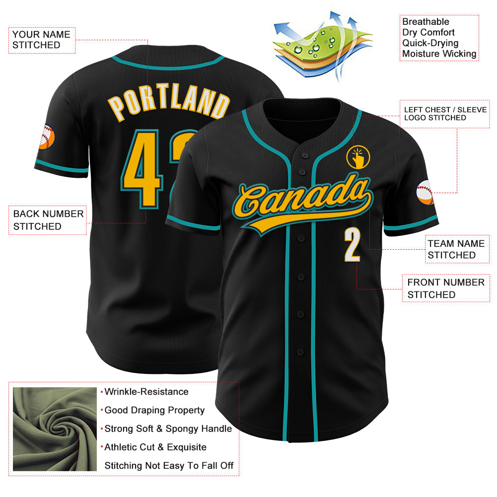 Custom Black Gold Teal-White Authentic Baseball Jersey