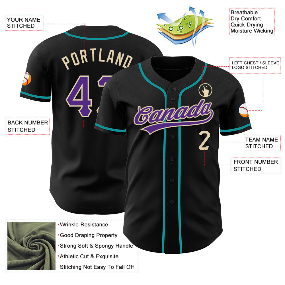 Custom Black Purple Cream-Teal Authentic Baseball Jersey