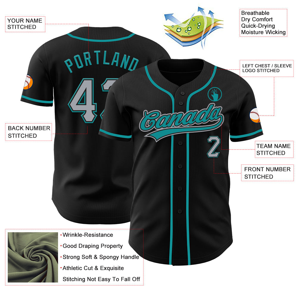 Custom Black Gray-Teal Authentic Baseball Jersey