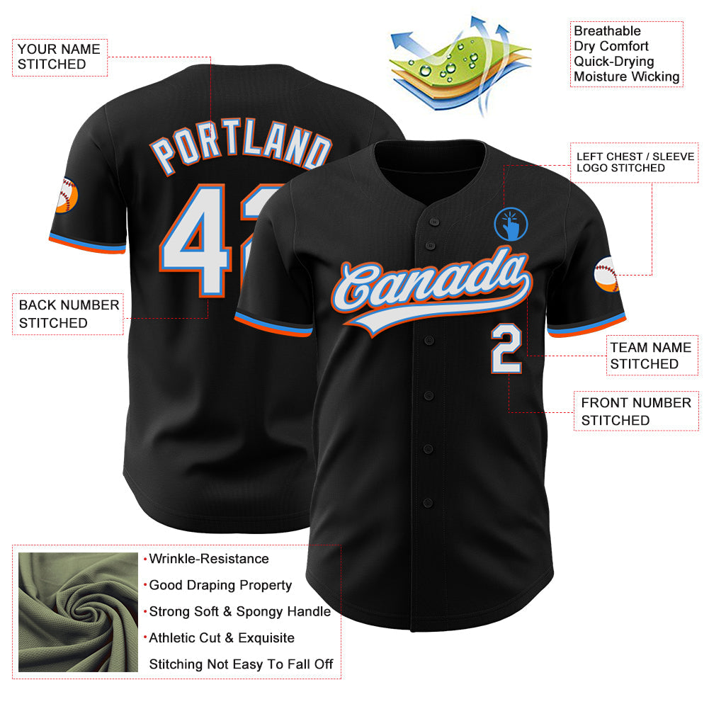 Custom Black White Electric Blue-Orange Authentic Baseball Jersey