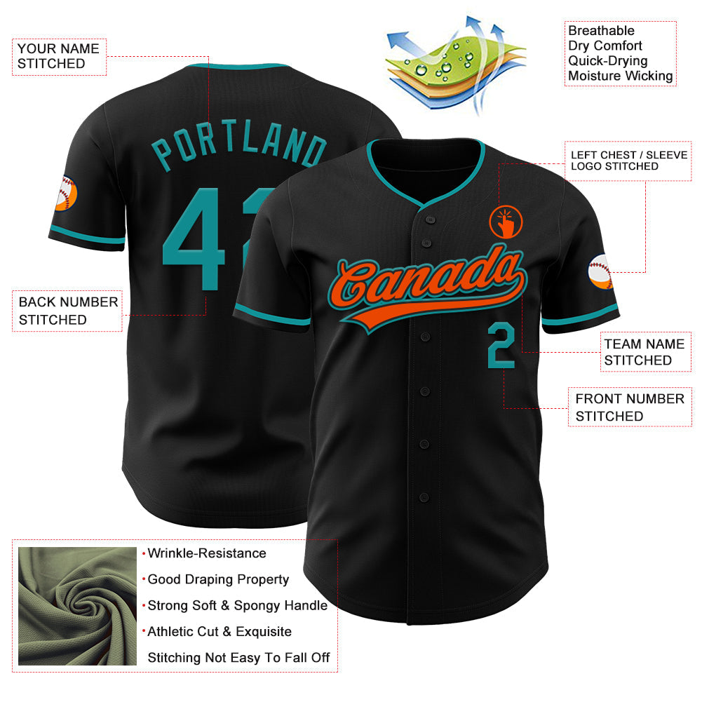 Custom Black Teal-Orange Authentic Baseball Jersey