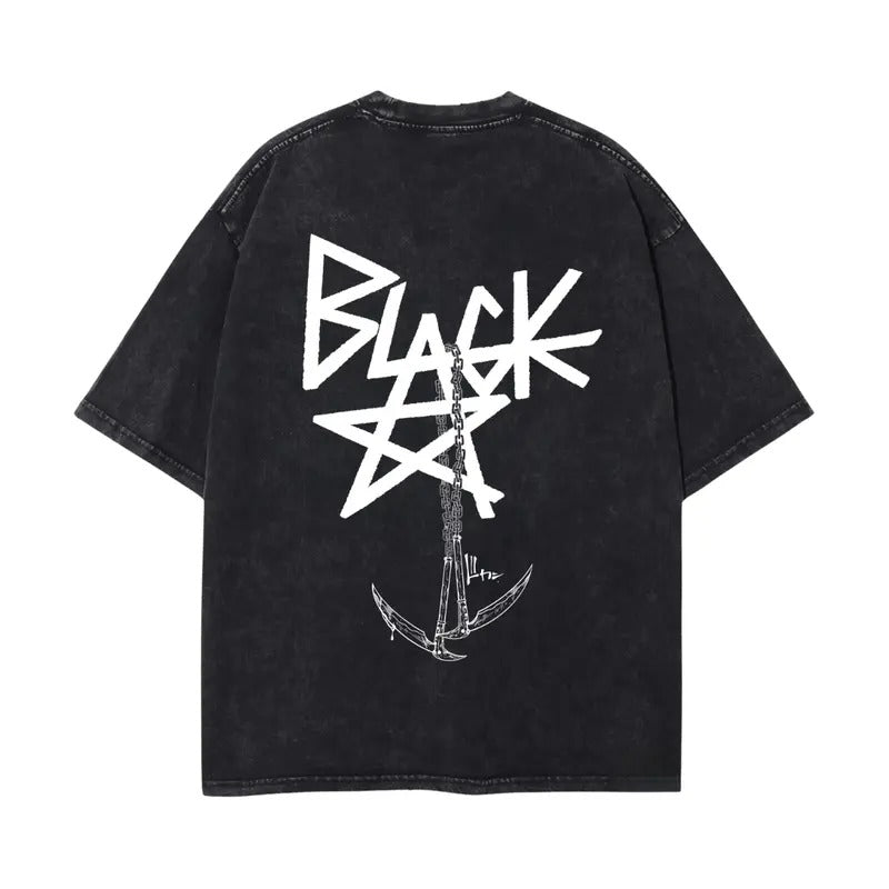 Blackstar X Chain Scythe Soul Eater Washed Heavy Cotton Shirt - Anime Oversize T-Shirt - Classic Menswear in Black with...
