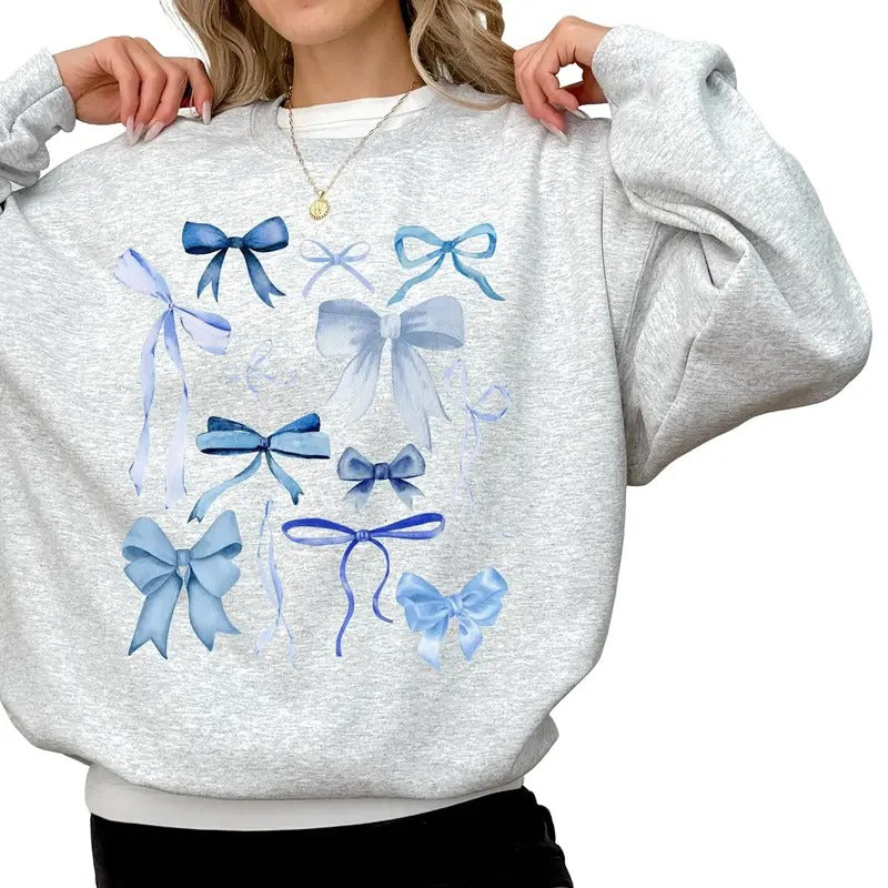 Blue Bow Sweatshirt, Coquette Bow Sweatshirt, Blue Ribbon Sweatshirt, Silk Ribbon Shirt, Blue Bow Crewneck, Valentines...