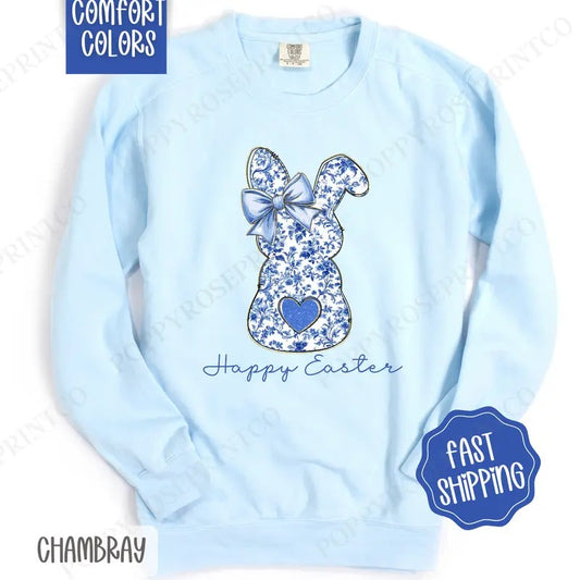 Blue Chinoiserie Bunny Comfort Colors Sweatshirt, Cute Easter Women's Crewneck, Trendy Bunny Women's Sweater, Gift for...