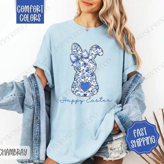 Blue Chinoiserie Bunny Shirt Comfort Colors, Easter Tshirt, Trendy Bunny Women's Tee, Gift for Her Hoodie, Sweatshirt