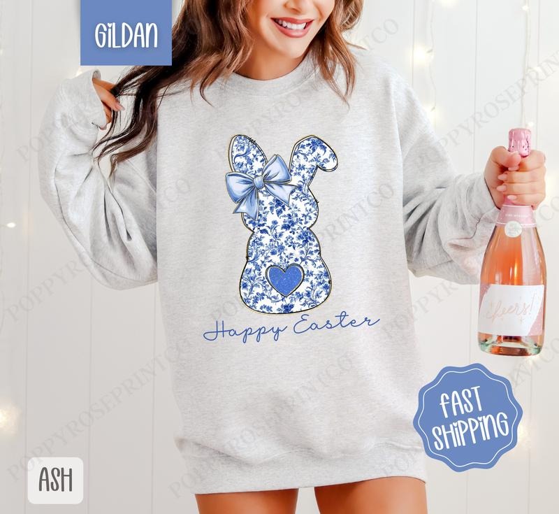 Blue Chinoiserie Bunny Sweatshirt, Easter Crewneck, Trendy Bunny Women's Sweater, Gift for Her T-Shirts, Hoodie