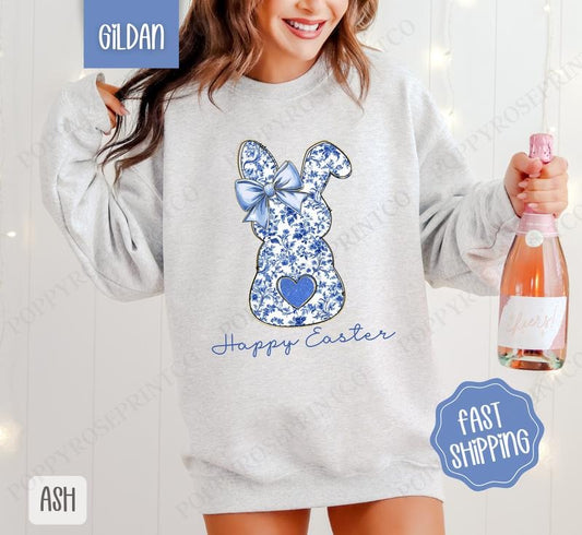Blue Chinoiserie Bunny Sweatshirt, Easter Crewneck, Trendy Bunny Women's Sweater, Gift for Her T-Shirts, Hoodie