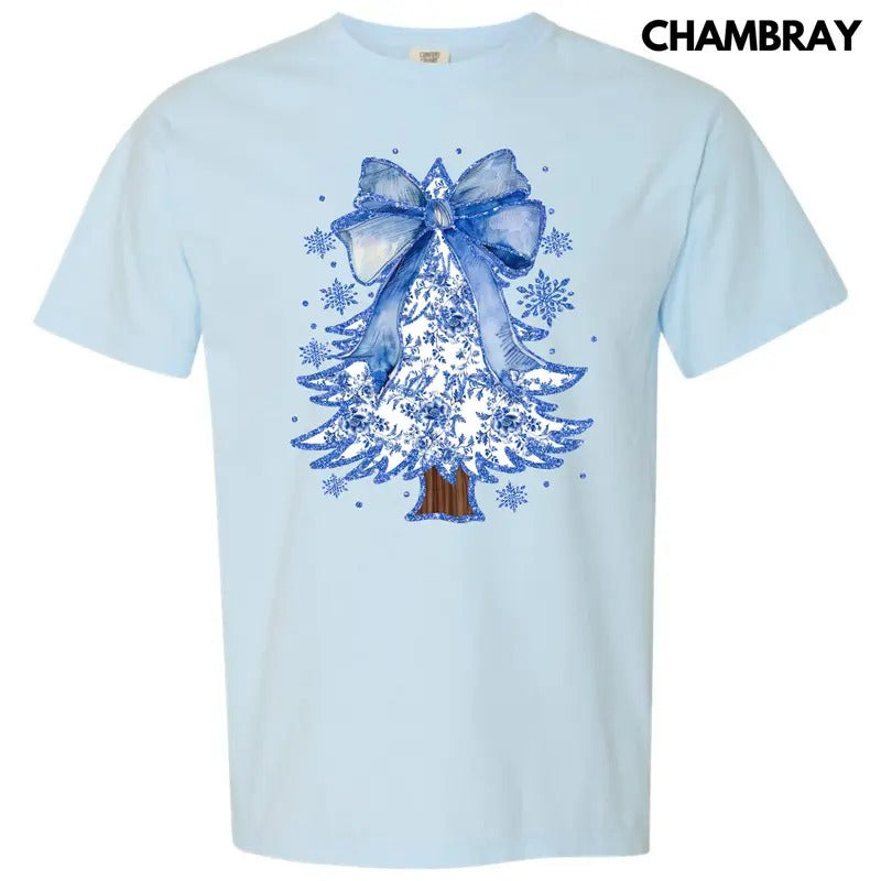 Blue Chinoiserie Christmas Tree Comfort Colors T-Shirt 'NLB' Hoodie, Sweatshirt | WearSparks.com