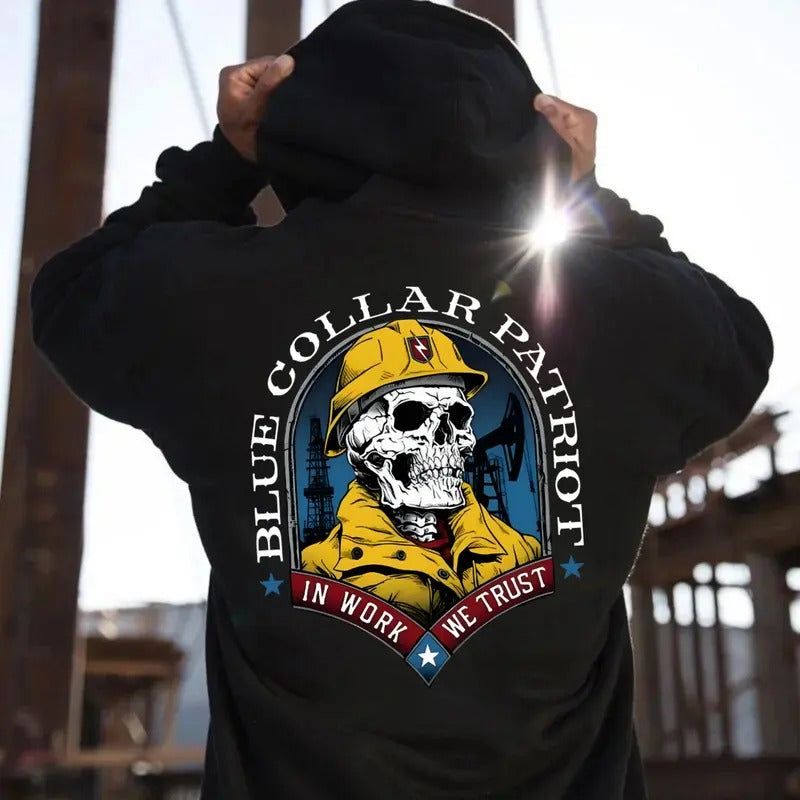 Blue Colar Patriot In Work We Trust Yellow Skeleton Back Side Printed T-shirt - Crewneck Sweatshirt