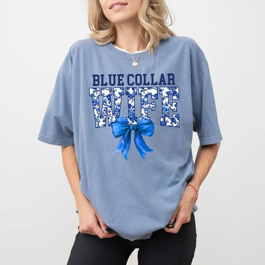 Blue Collar Wife Comfort Colors Shirt, Coquette Toile Blue Collar Wife T-shirt, Wifey Graphic Tee, Spoiled Blue Collar...
