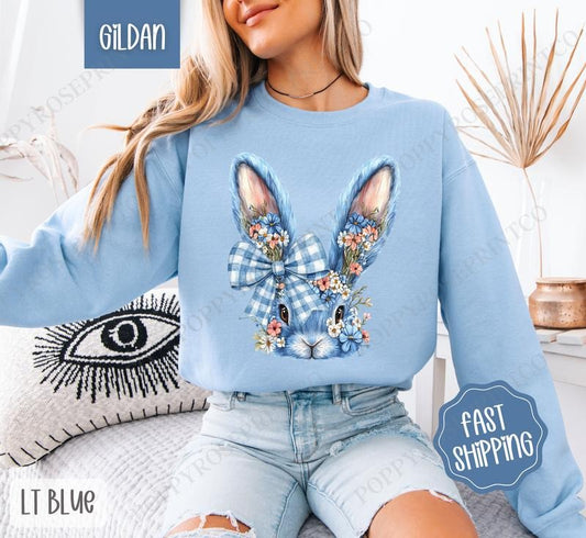 Blue Floral Bunny Sweatshirt, Easter Crewneck, Trendy Bunny Women's Sweater, Gift for Her T-Shirts, Hoodie | WearSparks.com