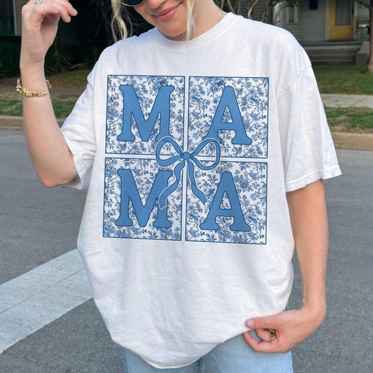 Blue Floral Chinoiserie Mama Coquette Shirt-sweatshirt-hoodie, Checkered Mama sweatshirt, Mama hoodie, Mama Varsity...