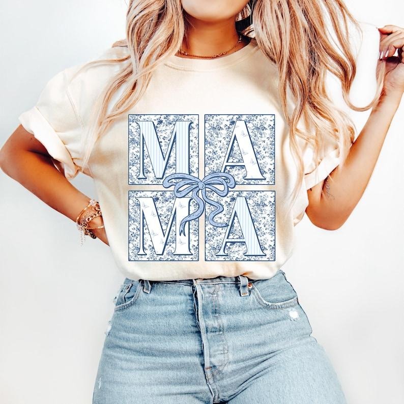 Blue Floral Chinoiserie Mama Coquette, Checkered Mama, Mothers Day Tshirt, Grand Millennial Gift Tshirt Hoodie, Sweatshirt
