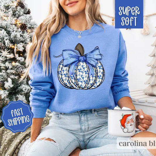 Blue Floral Pumpkin Sweatshirt, Pumpkin Season Sweater, Comfy Fall Sweatshirt for Women T-Shirts, Hoodie | WearSparks.com
