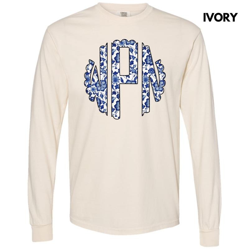Blue Florals Monogram Long Sleeve Comfort Colors T-Shirt 'NLB' Hoodie, Sweatshirt | WearSparks.com
