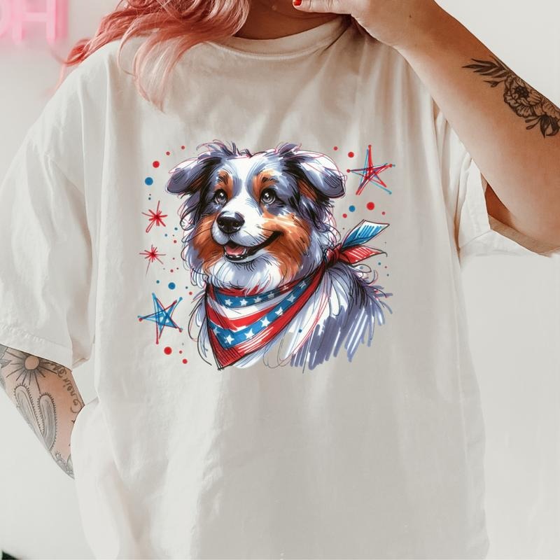 Blue Merle Aussie Patriotic Dog Shirt ~ Unisex Apparel Relaxed Fit Printed In The USA Clothing Womenswear Casual Comfort...