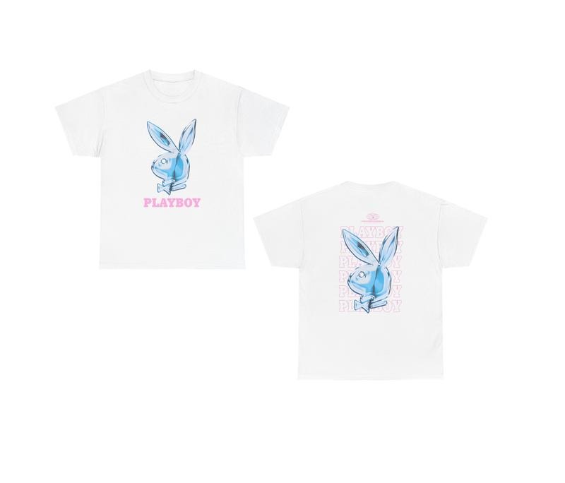 Blue Metallic Bunny Logo T-Shirt, Retro Playboy-Inspired Graphic Tee, Casual Unisex Streetwear, Gift for Him & Her,...