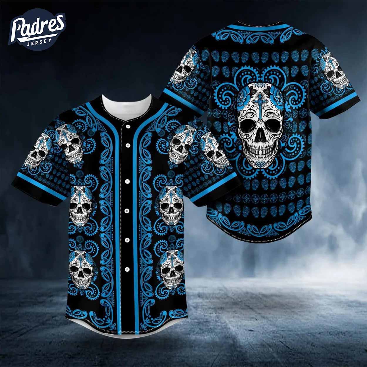 Blue Paisley Baseball Jersey with Sugar Skull Art - Padres Jersey Oasis: Elevate Your Baseball Style Game T-Shirts,...