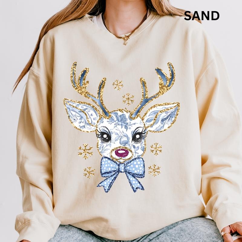 Blue Reindeer Sweatshirt, Winter Graphic Sweatshirt Casual Cotton Polyester Oversized sweatshirt - Comfort Crewneck...