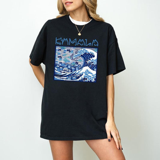 Blue Wave Cat for Kamala T-Shirt, Ukiyo-e Inspired Japanese Artistic Cat Lover Tee, Trendy Cat Wave Design Hoodie, Sweatshirt