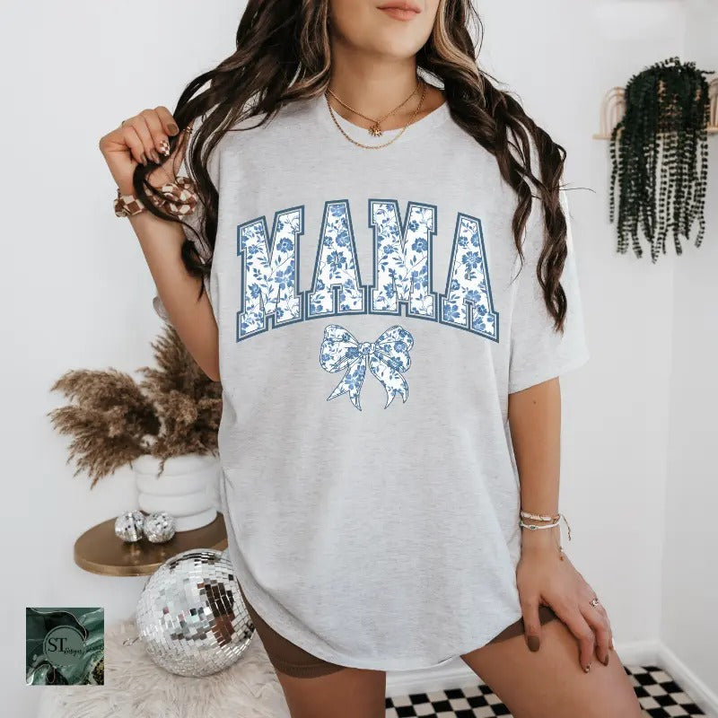 Blue or Pink Floral Mama Bow Lightweight Grey T-Shirt plus size and regular size Hoodie, Sweatshirt | WearSparks.com