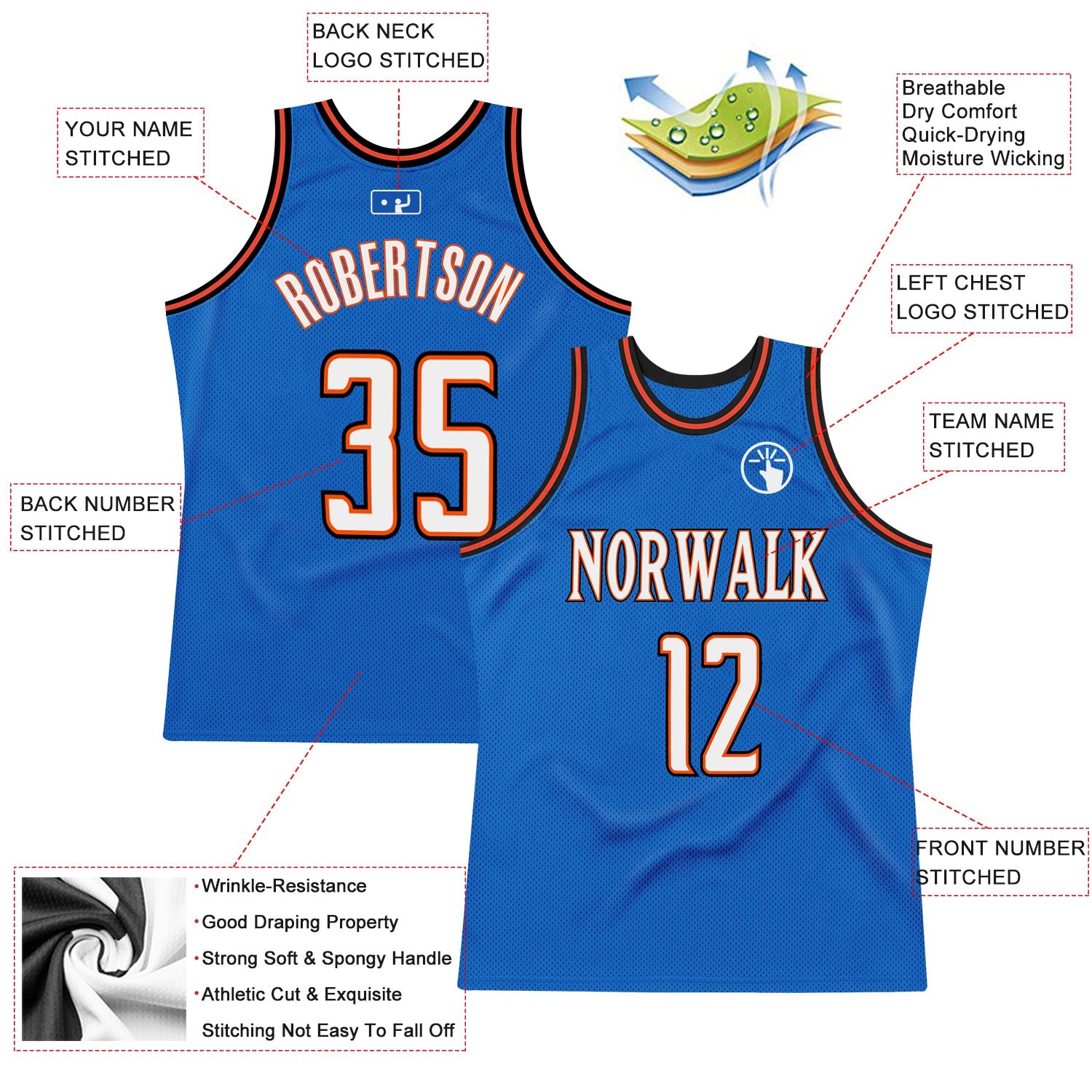Custom Blue White-Orange Authentic Throwback Basketball Jersey T-Shirts, Hoodie, Sweatshirt | WearSparks.com (Image 2)