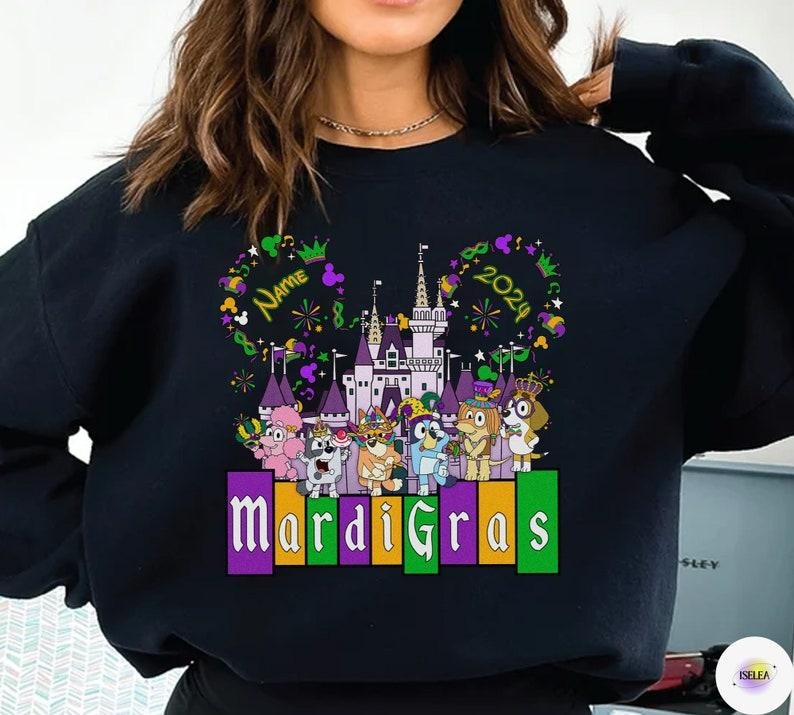 Bluey Mardi Gras Sweatshirt, Bluey Mardi Gras Carnival Parade Party Tshirt, Bluey Custom Name Fat Tuesday Matching Tee,...