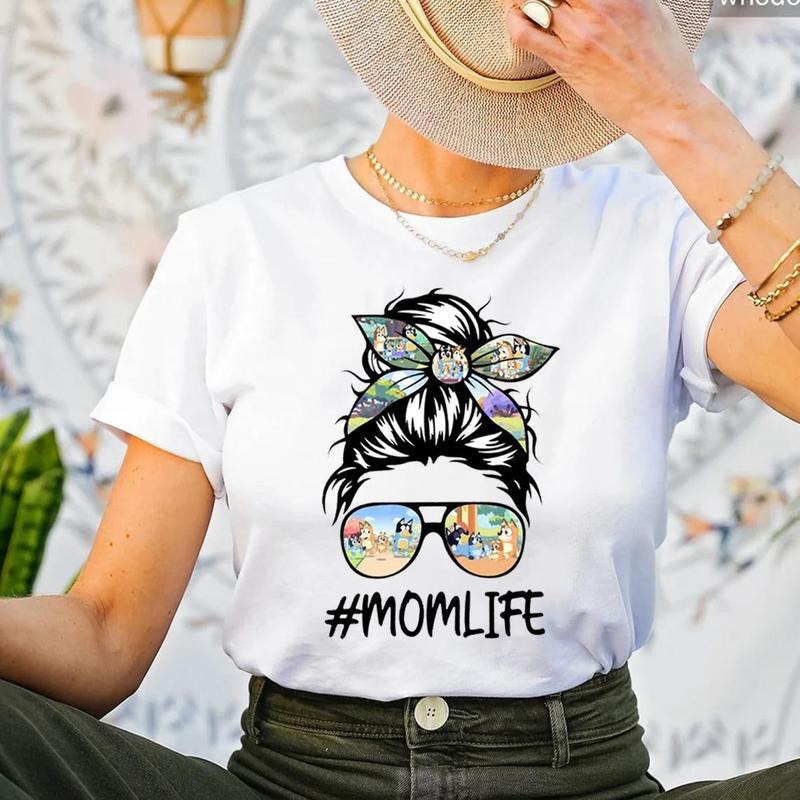Bluey Mom Life Shirt, Mom Sweatshirt, Bluey Mother's Day Messy Bun Mom with Bluey Hair Tie and Sunglasses Shirt, Bluey...