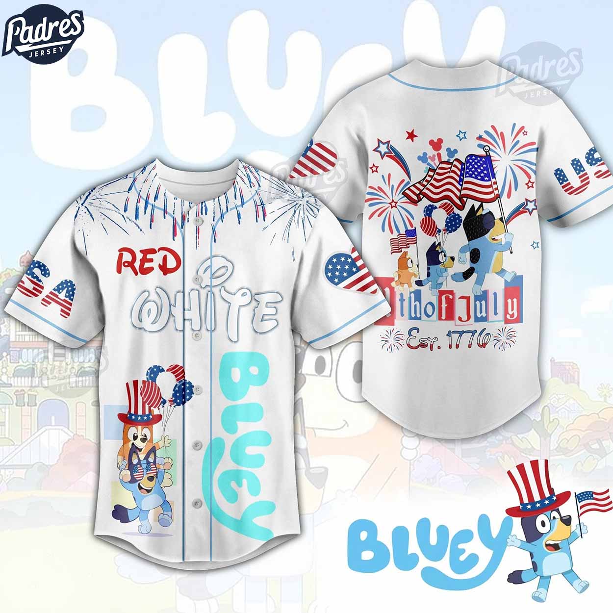 Bluey Red White 4th Of July Est 1776 White Baseball Jersey - Padres Jersey Oasis: Elevate Your Baseball Style... (Image 1)