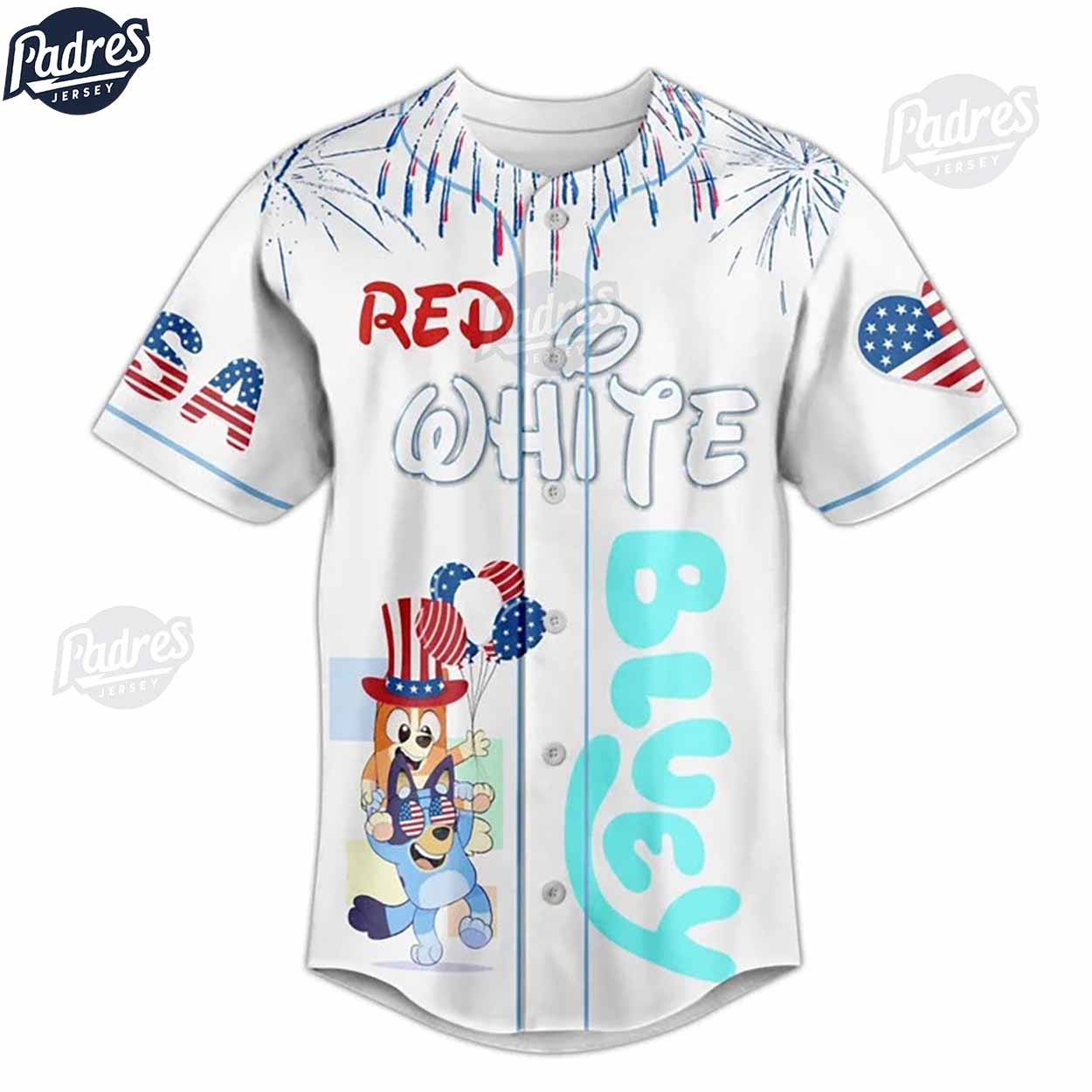 Bluey Red White 4th Of July Est 1776 White Baseball Jersey - Padres Jersey Oasis: Elevate Your Baseball Style... (Image 2)